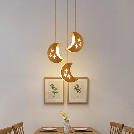 Hollowed-out Wooden Multi Pendant Light Minimalist 3-Bulb Beige Hanging Light for Dining Room Wood Moon Clearhalo 'Ceiling Lights' 'Modern Pendants' 'Modern' 'Pendant Lights' 'Pendants' Lighting' 2390389