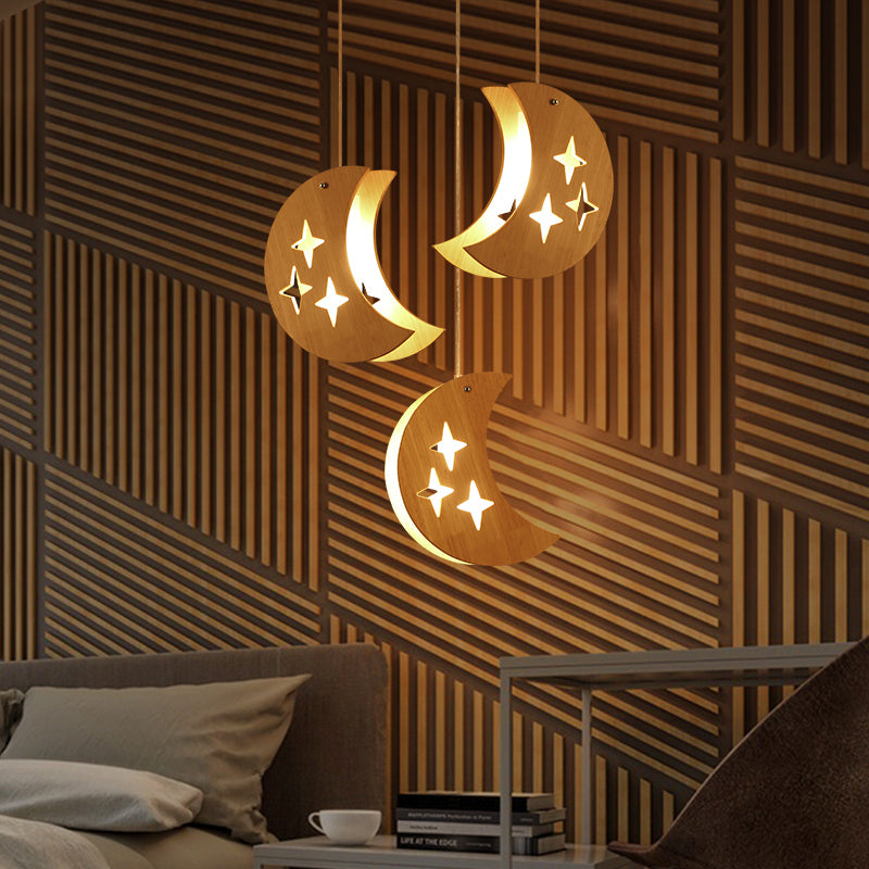 Hollowed-out Wooden Multi Pendant Light Minimalist 3-Bulb Beige Hanging Light for Dining Room Clearhalo 'Ceiling Lights' 'Modern Pendants' 'Modern' 'Pendant Lights' 'Pendants' Lighting' 2390390