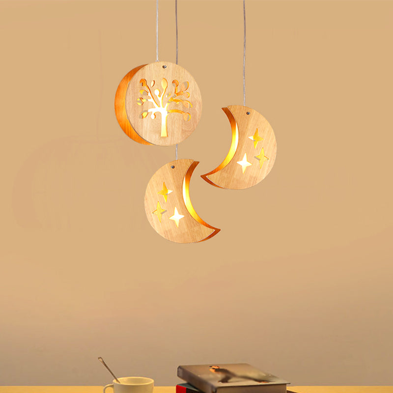 Hollowed-out Wooden Multi Pendant Light Minimalist 3-Bulb Beige Hanging Light for Dining Room Clearhalo 'Ceiling Lights' 'Modern Pendants' 'Modern' 'Pendant Lights' 'Pendants' Lighting' 2390393