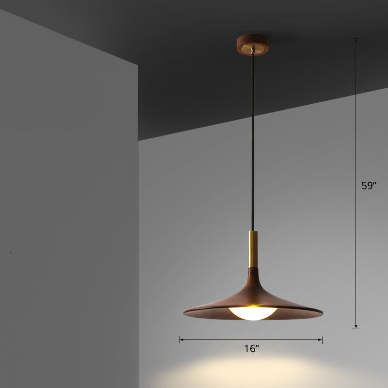 Wooden Trumpet Flare Pendant Lamp Minimalistic LED Suspension Light for Tea Room Brown 16" Clearhalo 'Ceiling Lights' 'Modern Pendants' 'Modern' 'Pendant Lights' 'Pendants' Lighting' 2390398