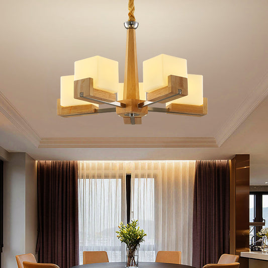 Frosted White Glass Cube Chandelier Modern Wood Ceiling Suspension Lamp for Living Room 5 Wood Clearhalo 'Carpenter Chandeliers' 'Ceiling Lights' 'Chandeliers' 'Industrial' 'Modern Chandeliers' 'Modern' Lighting' 2390423