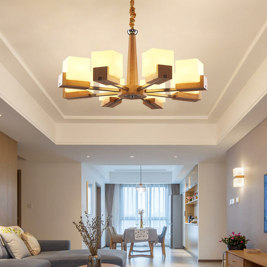 Frosted White Glass Cube Chandelier Modern Wood Ceiling Suspension Lamp for Living Room 8 Wood Clearhalo 'Carpenter Chandeliers' 'Ceiling Lights' 'Chandeliers' 'Industrial' 'Modern Chandeliers' 'Modern' Lighting' 2390424