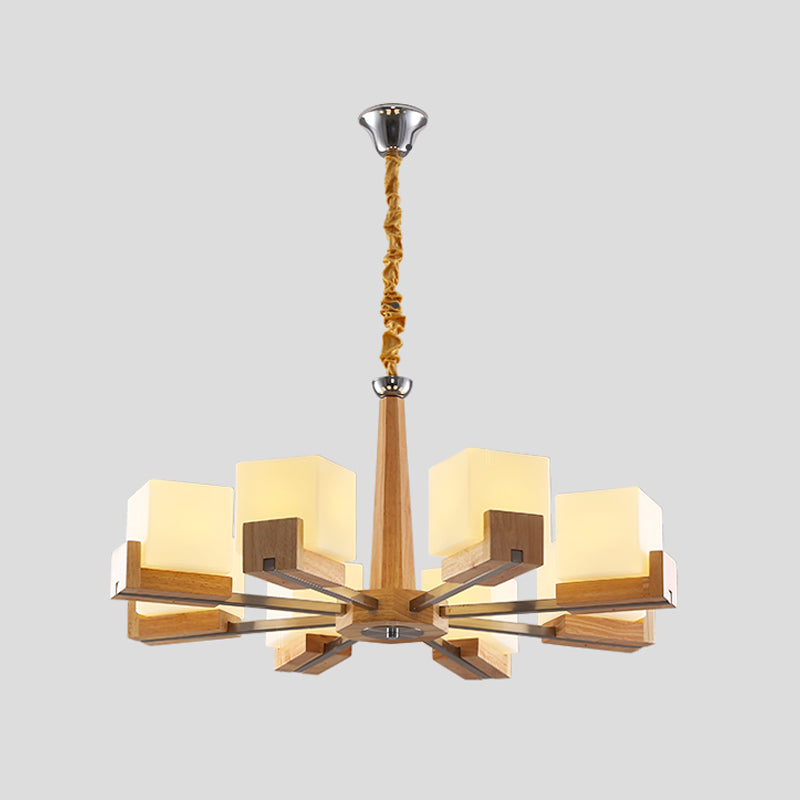 Frosted White Glass Cube Chandelier Modern Wood Ceiling Suspension Lamp for Living Room Clearhalo 'Carpenter Chandeliers' 'Ceiling Lights' 'Chandeliers' 'Industrial' 'Modern Chandeliers' 'Modern' Lighting' 2390426