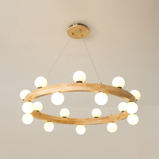 Wooden Circular Chandelier Minimalistic LED Pendant Light with Orb Opal Glass Shade Clearhalo 'Carpenter Chandeliers' 'Ceiling Lights' 'Chandeliers' 'Industrial' 'Modern Chandeliers' 'Modern' Lighting' 2390429