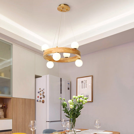 Wooden Circular Chandelier Minimalistic LED Pendant Light with Orb Opal Glass Shade 6 Wood Clearhalo 'Carpenter Chandeliers' 'Ceiling Lights' 'Chandeliers' 'Industrial' 'Modern Chandeliers' 'Modern' Lighting' 2390431