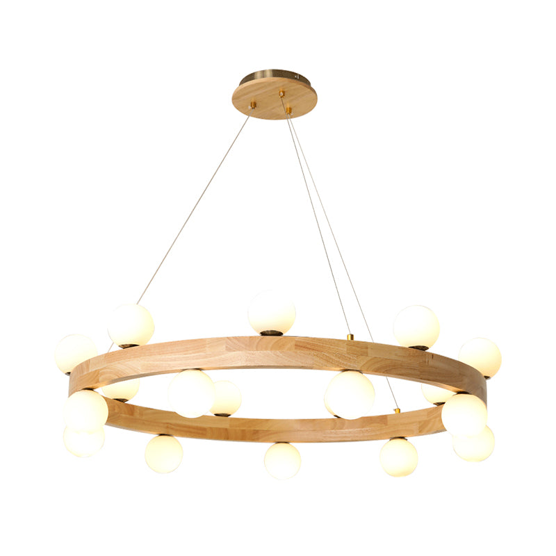 Wooden Circular Chandelier Minimalistic LED Pendant Light with Orb Opal Glass Shade Clearhalo 'Carpenter Chandeliers' 'Ceiling Lights' 'Chandeliers' 'Industrial' 'Modern Chandeliers' 'Modern' Lighting' 2390433