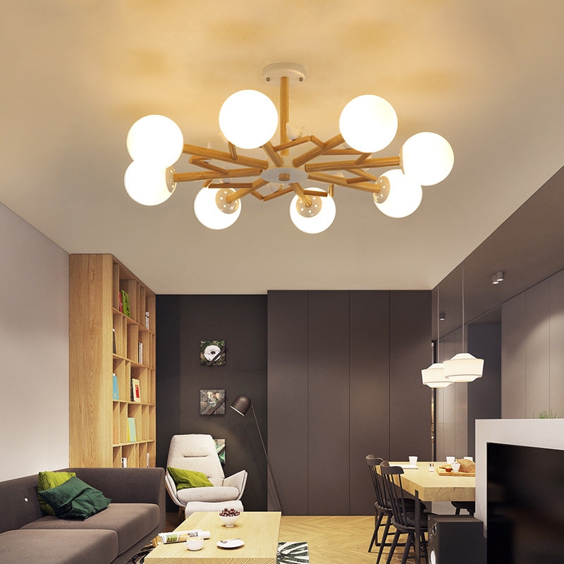 Ball Chandelier Lighting Nordic Cream Glass Living Room Hanging Light in Wood with Bird Decor Clearhalo 'Carpenter Chandeliers' 'Ceiling Lights' 'Chandeliers' 'Industrial' 'Modern Chandeliers' 'Modern' Lighting' 2390436