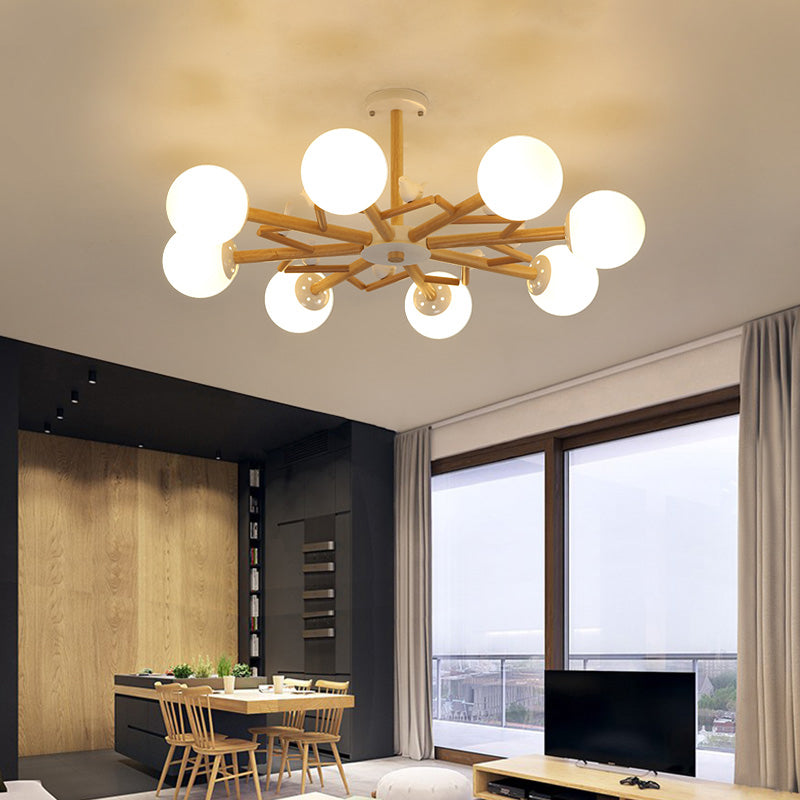 Ball Chandelier Lighting Nordic Cream Glass Living Room Hanging Light in Wood with Bird Decor Clearhalo 'Carpenter Chandeliers' 'Ceiling Lights' 'Chandeliers' 'Industrial' 'Modern Chandeliers' 'Modern' Lighting' 2390437