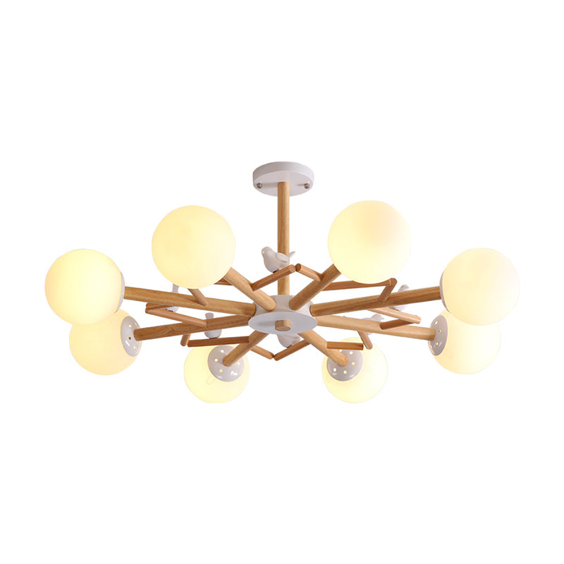 Ball Chandelier Lighting Nordic Cream Glass Living Room Hanging Light in Wood with Bird Decor Clearhalo 'Carpenter Chandeliers' 'Ceiling Lights' 'Chandeliers' 'Industrial' 'Modern Chandeliers' 'Modern' Lighting' 2390438