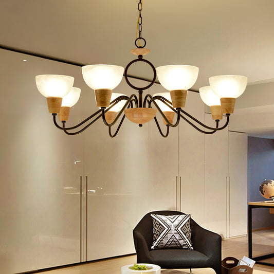 Opal Frosted Glass Bowl Up Chandelier Nordic Wood and Black Ceiling Light for Bedroom 8 Wood Clearhalo 'Ceiling Lights' 'Chandeliers' 'Modern Chandeliers' 'Modern' Lighting' 2390440