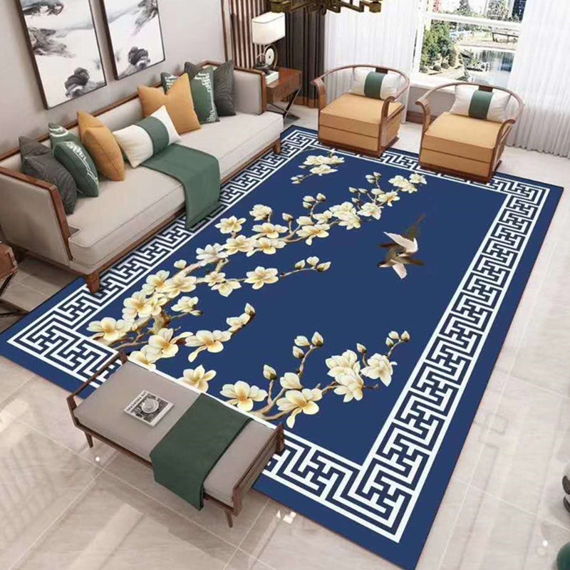 Chinese Floral Print Rug Multi-Color Synthetics Area Carpet Non-Slip Backing Easy Care Washable Indoor Rug for Parlor Dark Blue Clearhalo 'Area Rug' 'Rug' 2393391