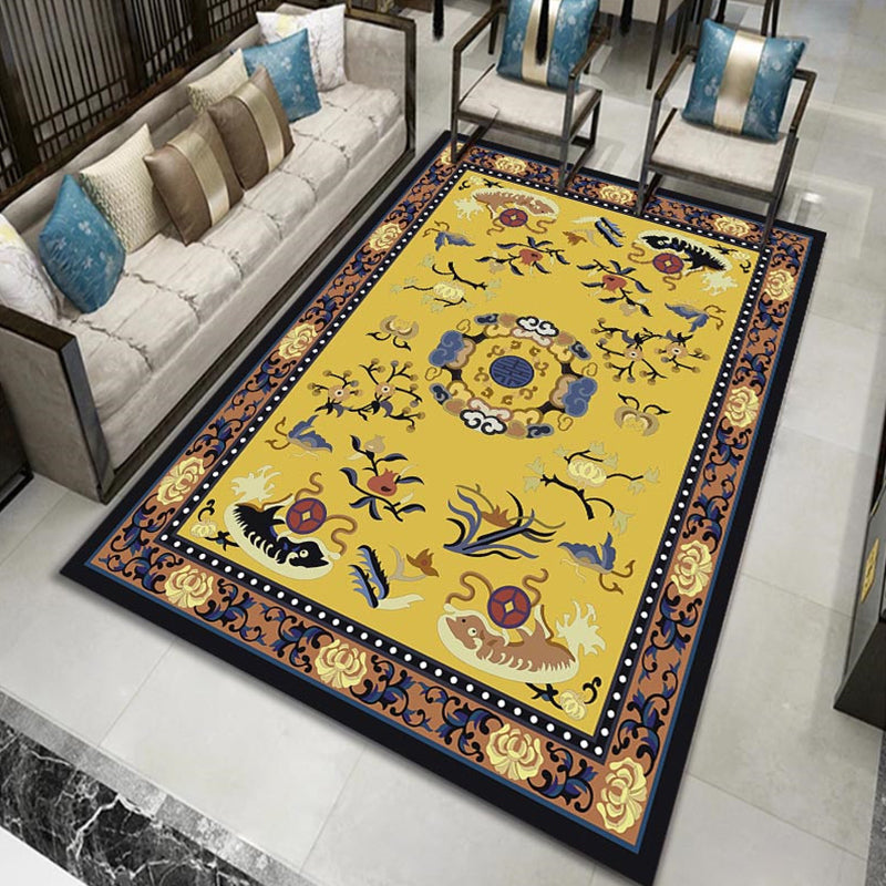 Chinese Floral Print Rug Multi-Color Synthetics Area Carpet Non-Slip Backing Easy Care Washable Indoor Rug for Parlor Yellow Clearhalo 'Area Rug' 'Rug' 2393395