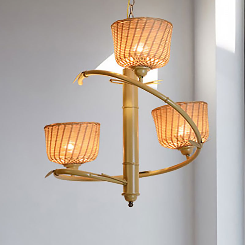 Rattan Basket Shade Chandelier Light Country Style 1/2-Light Beige Ceiling Lamp with Bird Cage Design Clearhalo 'Ceiling Lights' 'Chandeliers' Lighting' options 239365