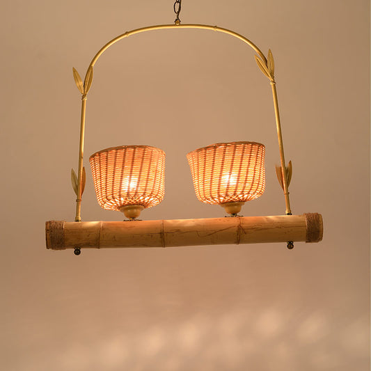 Rattan Basket Shade Chandelier Light Country Style 1/2-Light Beige Ceiling Lamp with Bird Cage Design Clearhalo 'Ceiling Lights' 'Chandeliers' Lighting' options 239367