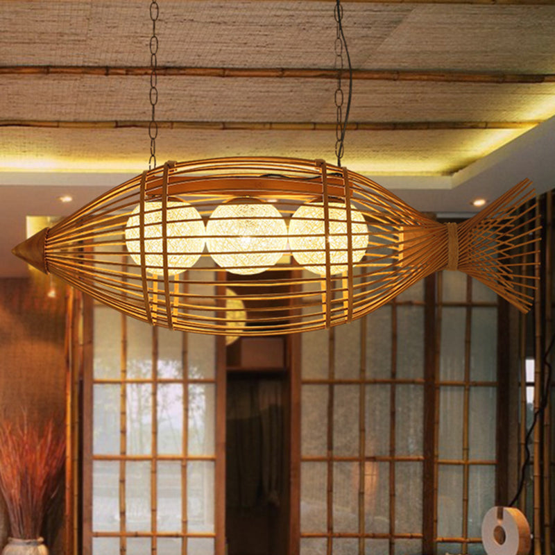Bamboo Fish Shaped Chandelier Lighting Asian Style 39/57 W 3 Bulbs Beige  Hanging Light with Inner Rattan Ball Shade - Clearhalo