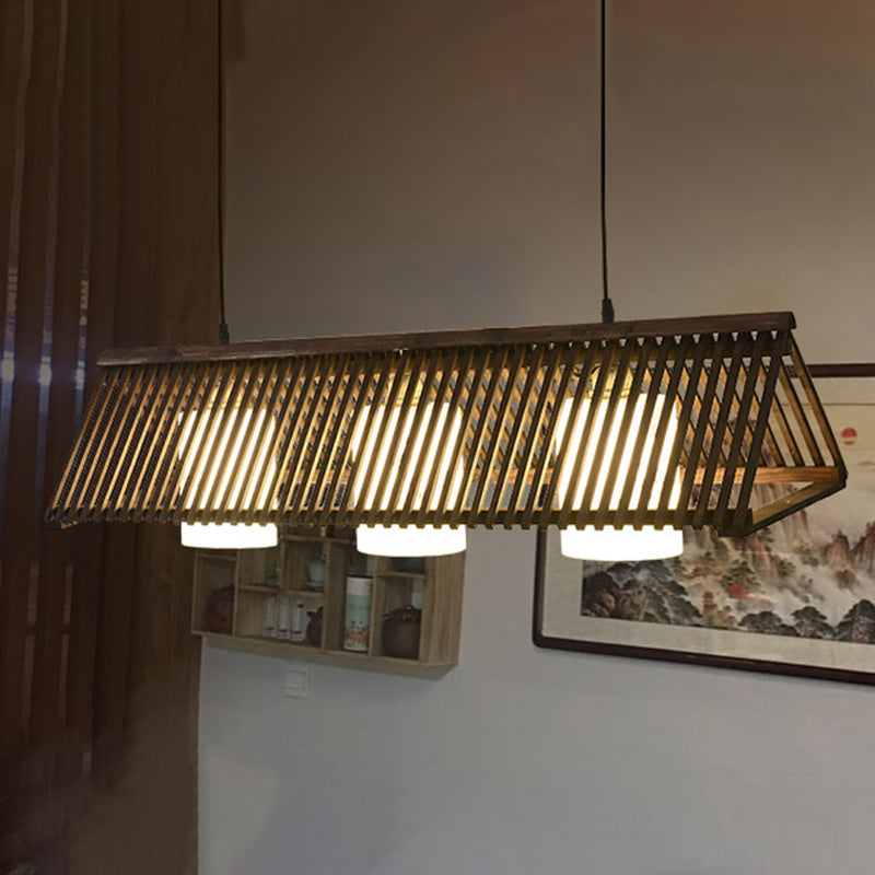 Modernist Linear Island Lighting Wood 3-Light Dining Room Island Lamp with White Glass Cylinder Shade in Beige/Brown Brown Clearhalo 'Ceiling Lights' 'Island Lights' Lighting' 239379