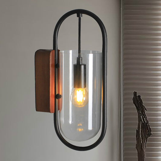 Black Cylinder Sconce Lighting Industrial 1 Light Clear/Amber Glass Wall Mount Light Fixture Clearhalo 'Cast Iron' 'Glass' 'Industrial' 'Modern wall lights' 'Modern' 'Tiffany' 'Traditional wall lights' 'Wall Lamps & Sconces' 'Wall Lights' Lighting' 239518