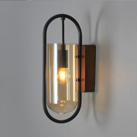 Black Cylinder Sconce Lighting Industrial 1 Light Clear/Amber Glass Wall Mount Light Fixture Amber Clearhalo 'Cast Iron' 'Glass' 'Industrial' 'Modern wall lights' 'Modern' 'Tiffany' 'Traditional wall lights' 'Wall Lamps & Sconces' 'Wall Lights' Lighting' 239522