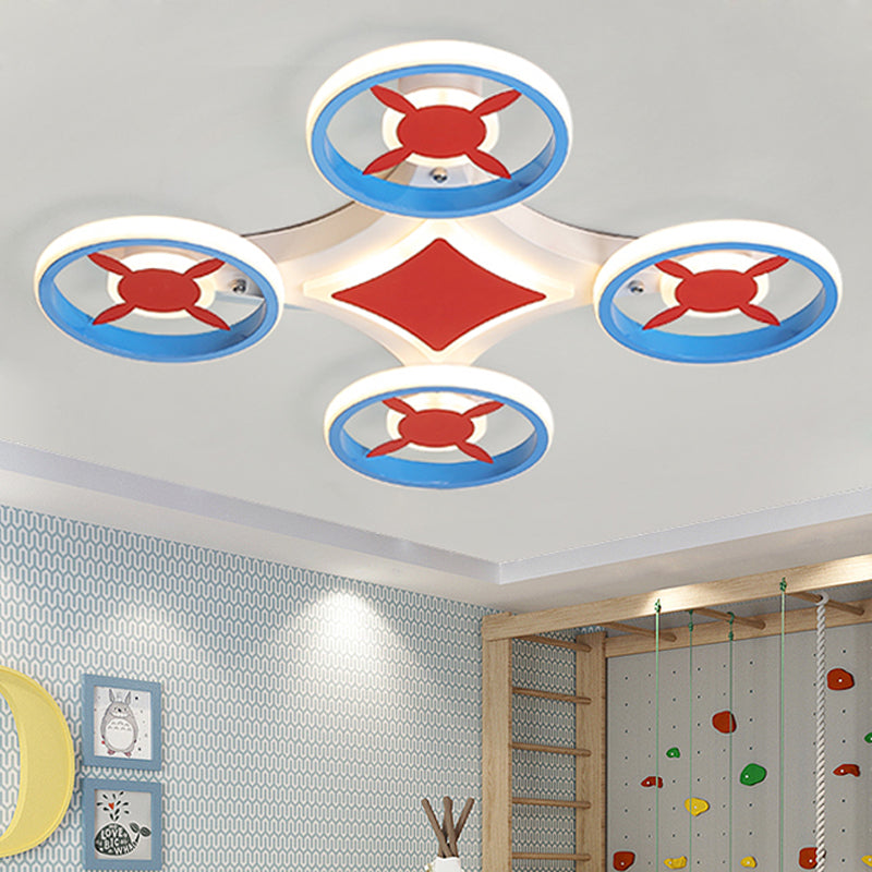 Child Bedroom Space Vehicle Ceiling Lamp Acrylic Metal Cartoon LED Flush Mount Light in Blue and Red Blue Remote Control Stepless Dimming Clearhalo 'Ceiling Lights' 'Close To Ceiling Lights' 'Close to ceiling' 'Flush mount' Lighting' 239629