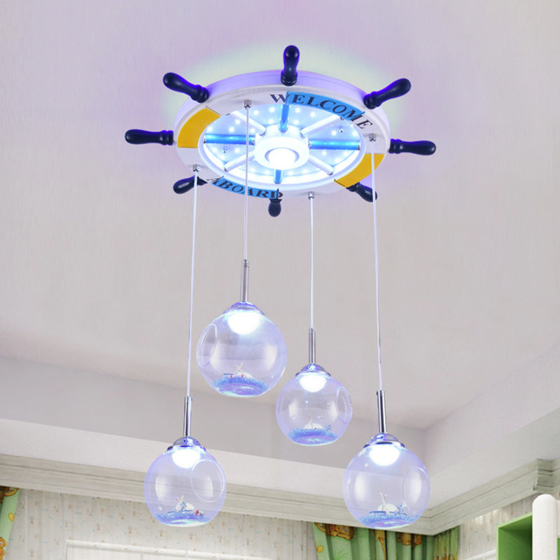 Rudder Child Bedroom Hanging Light Wood and Open Glass Nautical Style Pendant Light in Blue Clearhalo 'Ceiling Lights' 'Close To Ceiling Lights' 'Glass shade' 'Glass' 'Pendant Lights' 'Pendants' Lighting' 239726