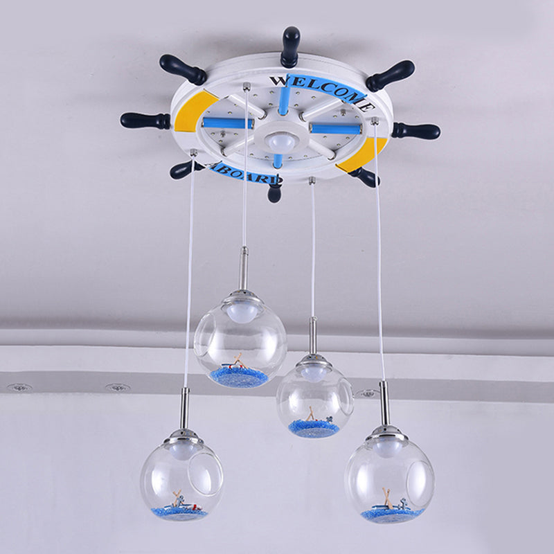 Rudder Child Bedroom Hanging Light Wood and Open Glass Nautical Style Pendant Light in Blue Clearhalo 'Ceiling Lights' 'Close To Ceiling Lights' 'Glass shade' 'Glass' 'Pendant Lights' 'Pendants' Lighting' 239727
