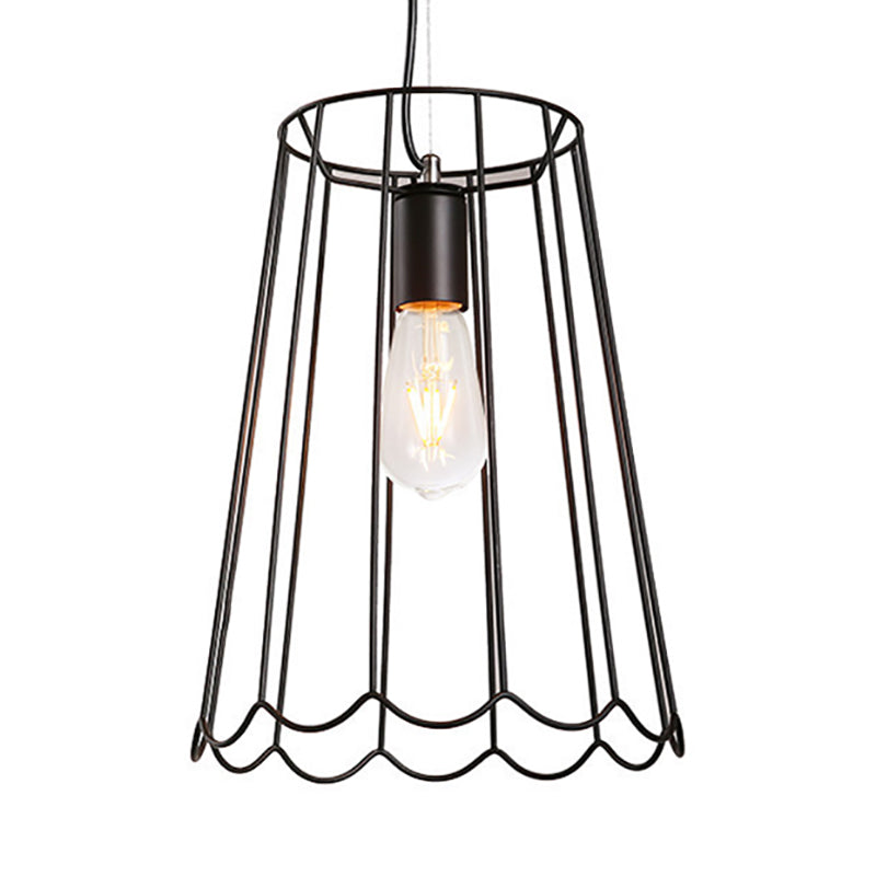 1 Light Conical Cage Suspension Light with Ruffled Edge Industrial Black Metallic Pendant Lighting, 10.5"/12.5" Width Clearhalo 'Art Deco Pendants' 'Black' 'Cast Iron' 'Ceiling Lights' 'Ceramic' 'Crystal' 'Industrial Pendants' 'Industrial' 'Metal' 'Middle Century Pendants' 'Pendant Lights' 'Pendants' 'Rustic Pendants' 'Tiffany' Lighting' 23975