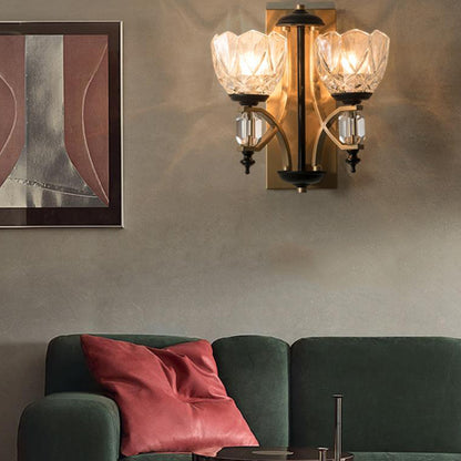 Curved Arm Metal Sconce Light Traditional 2 Heads Brass Wall Lighting Fixture with Dome Prismatic Glass Shade Brass Clearhalo 'Wall Lamps & Sconces' 'Wall Lights' Lighting' 239963