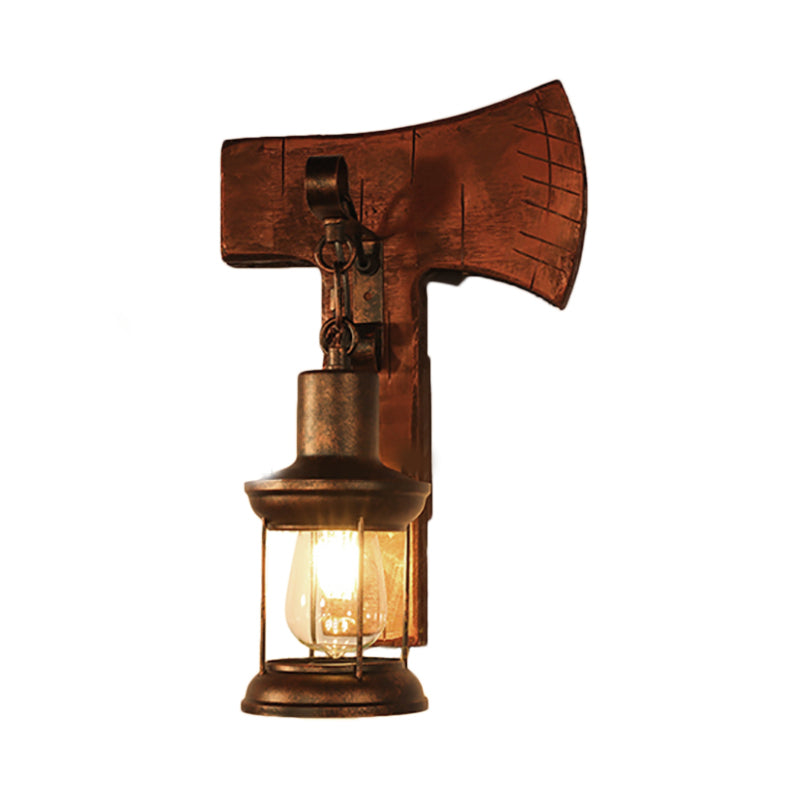 Rust One Light Sconce Light Coastal Clear Glass Lantern Lighting Fixture with Wooden Backplate Clearhalo 'Industrial wall lights' 'Industrial' 'Middle century wall lights' 'Rustic wall lights' 'Tiffany' 'Wall Lamps & Sconces' 'Wall Lights' Lighting' 23_5d1b4da3-995c-4697-98c5-a4a28c8a689f