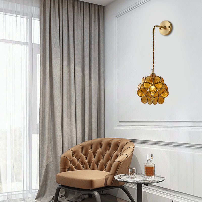 1 Bulb Bedroom Sconce Lamp Tradition Wall Lighting Fixture with Flower White/Pink/Blue Glass Shade Tan Clearhalo 'Wall Lamps & Sconces' 'Wall Lights' Lighting' 240077