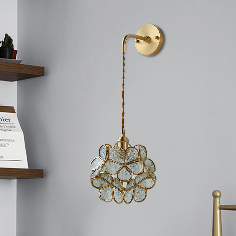 1 Bulb Bedroom Sconce Lamp Tradition Wall Lighting Fixture with Flower White/Pink/Blue Glass Shade Blue Clearhalo 'Wall Lamps & Sconces' 'Wall Lights' Lighting' 240082