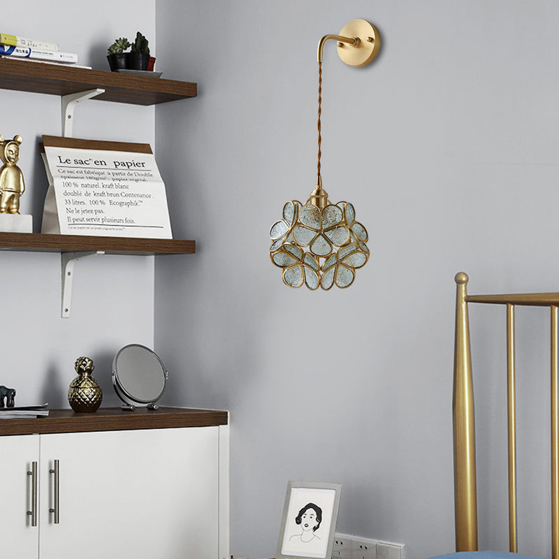 1 Bulb Bedroom Sconce Lamp Tradition Wall Lighting Fixture with Flower White/Pink/Blue Glass Shade Clearhalo 'Wall Lamps & Sconces' 'Wall Lights' Lighting' 240083