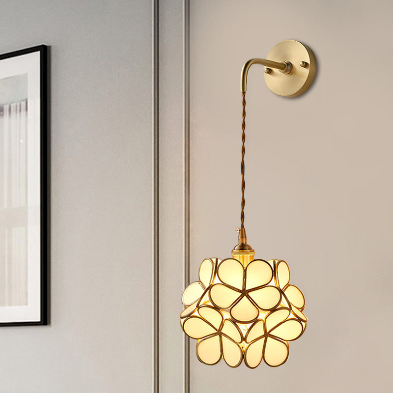 1 Bulb Bedroom Sconce Lamp Tradition Wall Lighting Fixture with Flower White/Pink/Blue Glass Shade White Clearhalo 'Wall Lamps & Sconces' 'Wall Lights' Lighting' 240088