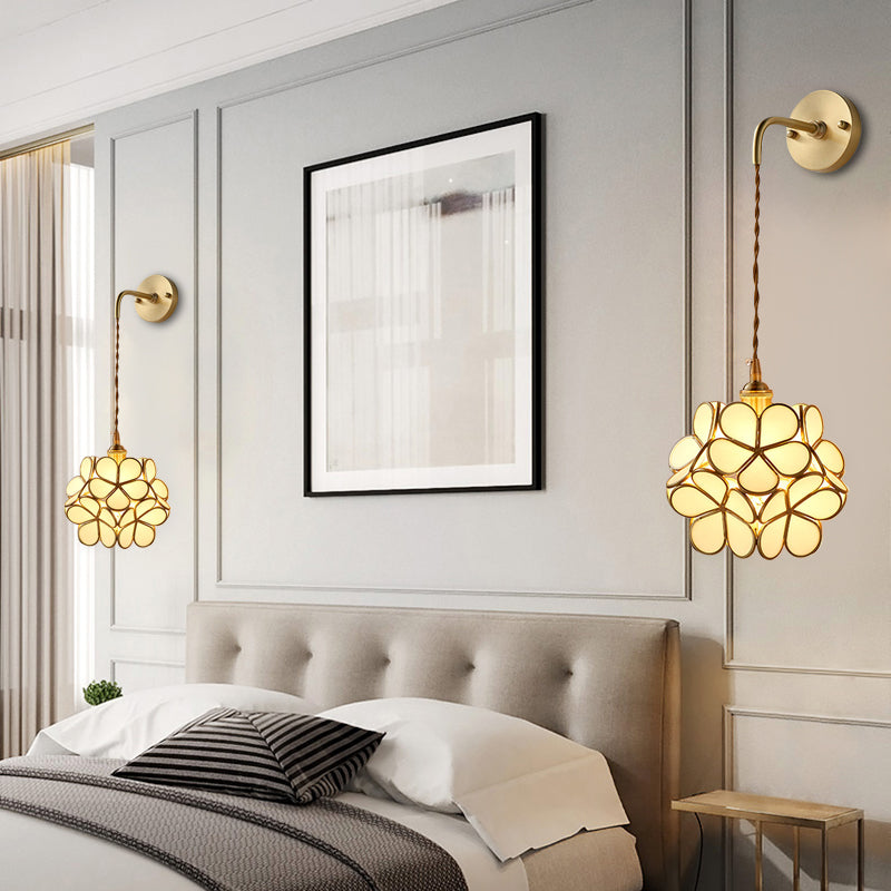 1 Bulb Bedroom Sconce Lamp Tradition Wall Lighting Fixture with Flower White/Pink/Blue Glass Shade Clearhalo 'Wall Lamps & Sconces' 'Wall Lights' Lighting' 240089