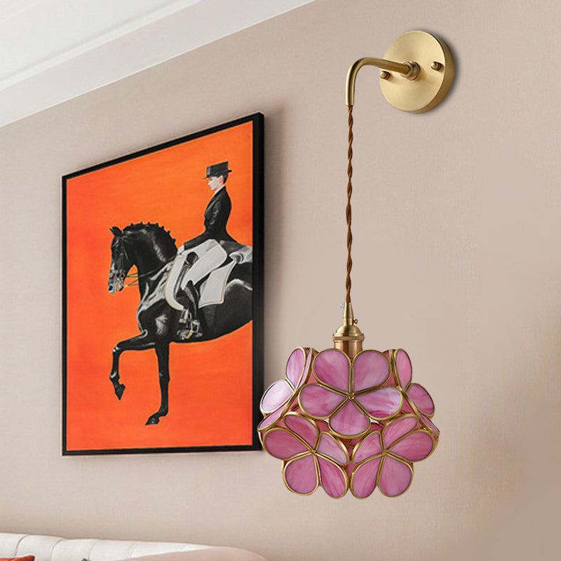 1 Bulb Bedroom Sconce Lamp Tradition Wall Lighting Fixture with Flower White/Pink/Blue Glass Shade Pink Clearhalo 'Wall Lamps & Sconces' 'Wall Lights' Lighting' 240091