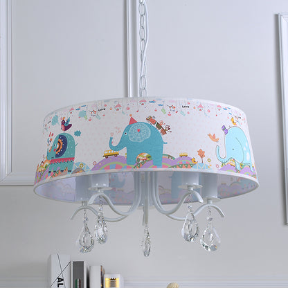 White Drum Pendant Light with Elephant Crystal 5 Lights Animal Metal Chandelier for Kids Bedroom White Clearhalo 'Ceiling Lights' 'Chandeliers' Lighting' options 240146_9b751dbc-06ae-426e-b961-c3a9aee7c0c7