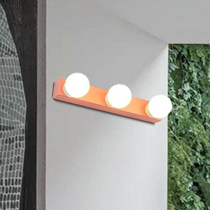 Metallic Exposed Bulb Vanity Light Fixture Macaron Style 3/4 Lights Bedroom Wall Lighting in Pink/Yellow 3.0 Pink Clearhalo 'Cast Iron' 'Glass' 'Industrial' 'Modern wall lights' 'Modern' 'Tiffany' 'Traditional wall lights' 'Vanity Lights' 'Wall Lights' Lighting' 240227