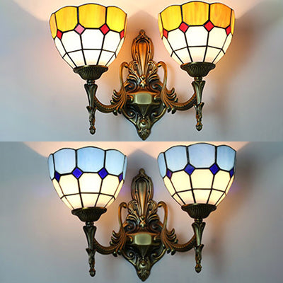 2 Heads Bowl Sconce Lighting Stained Glass Tiffany Bedroom Wall Mount Light in Yellow/Blue Clearhalo 'Cast Iron' 'Glass' 'Industrial' 'Middle century wall lights' 'Modern' 'Tiffany wall lights' 'Tiffany' 'Traditional wall lights' 'Wall Lamps & Sconces' 'Wall Lights' Lighting' 24036