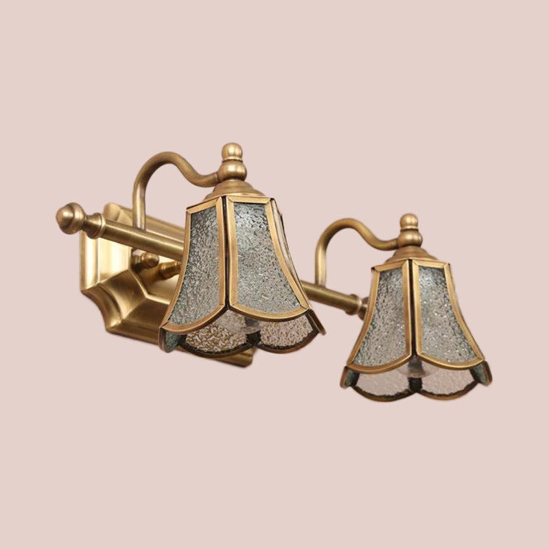 Traditional Trumpet Vanity Sconce Textured Glass 2/3 Bulbs Wall Mounted Light Fixture in Brass 2.0 Brass Clearhalo 'Vanity Lights' 'Wall Lights' Lighting' 240360