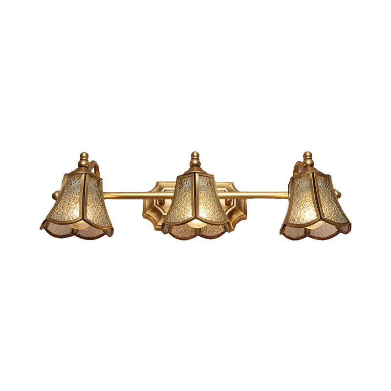 Traditional Trumpet Vanity Sconce Textured Glass 2/3 Bulbs Wall Mounted Light Fixture in Brass Clearhalo 'Vanity Lights' 'Wall Lights' Lighting' 240364