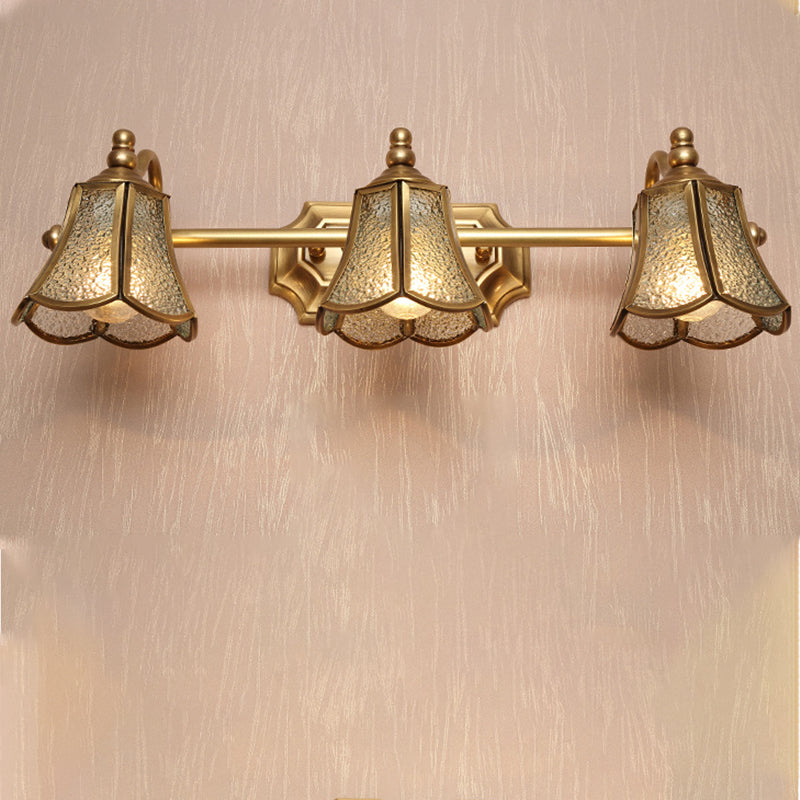 Traditional Trumpet Vanity Sconce Textured Glass 2/3 Bulbs Wall Mounted Light Fixture in Brass 3.0 Brass Clearhalo 'Vanity Lights' 'Wall Lights' Lighting' 240370