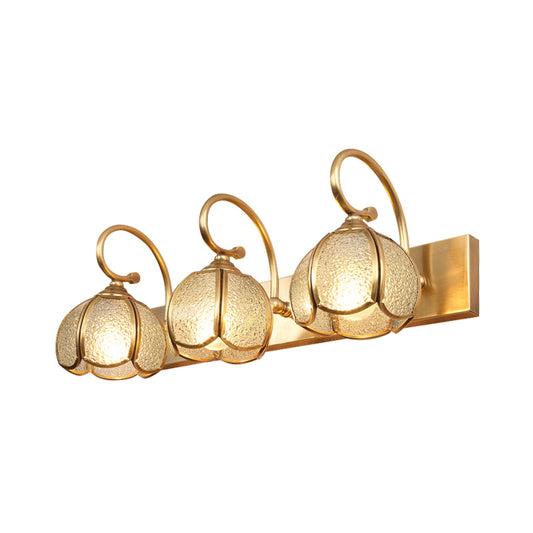 2/3 Bulbs Flower Bar Light Tradition Water Glass Sconce Light Fixture in Brass with Curved Arm Clearhalo 'Vanity Lights' 'Wall Lights' Lighting' 240373