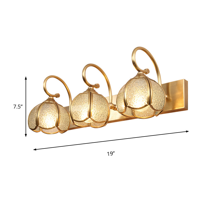 2/3 Bulbs Flower Bar Light Tradition Water Glass Sconce Light Fixture in Brass with Curved Arm Clearhalo 'Vanity Lights' 'Wall Lights' Lighting' 240374