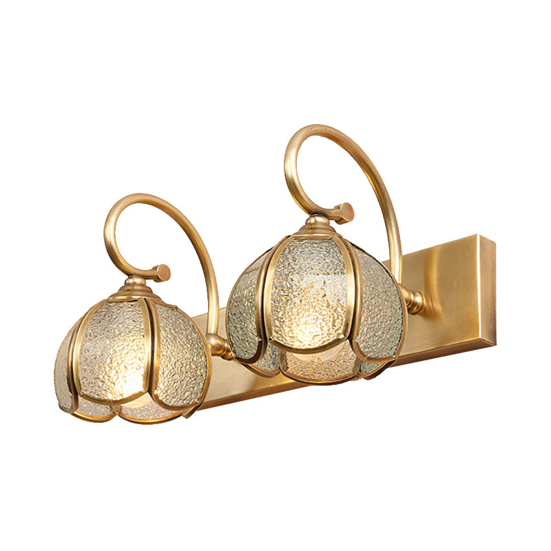 2/3 Bulbs Flower Bar Light Tradition Water Glass Sconce Light Fixture in Brass with Curved Arm Clearhalo 'Vanity Lights' 'Wall Lights' Lighting' 240378