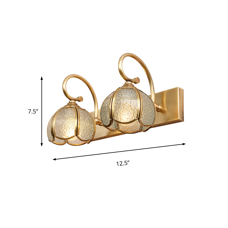 2/3 Bulbs Flower Bar Light Tradition Water Glass Sconce Light Fixture in Brass with Curved Arm Clearhalo 'Vanity Lights' 'Wall Lights' Lighting' 240379