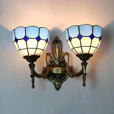 2 Heads Bowl Sconce Lighting Stained Glass Tiffany Bedroom Wall Mount Light in Yellow/Blue Clearhalo 'Cast Iron' 'Glass' 'Industrial' 'Middle century wall lights' 'Modern' 'Tiffany wall lights' 'Tiffany' 'Traditional wall lights' 'Wall Lamps & Sconces' 'Wall Lights' Lighting' 24037
