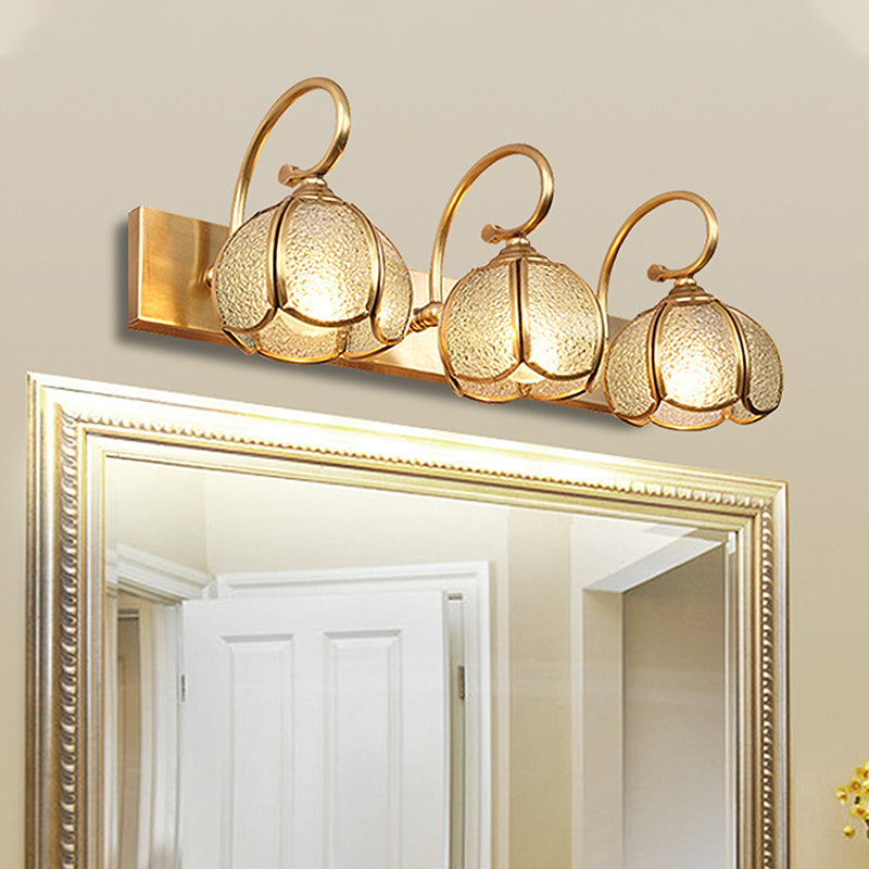 2/3 Bulbs Flower Bar Light Tradition Water Glass Sconce Light Fixture in Brass with Curved Arm 3.0 Brass Clearhalo 'Vanity Lights' 'Wall Lights' Lighting' 240381