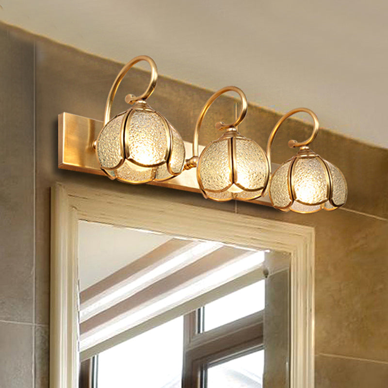 2/3 Bulbs Flower Bar Light Tradition Water Glass Sconce Light Fixture in Brass with Curved Arm Clearhalo 'Vanity Lights' 'Wall Lights' Lighting' 240382