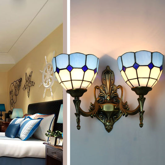 2 Heads Bowl Sconce Lighting Stained Glass Tiffany Bedroom Wall Mount Light in Yellow/Blue Blue Clearhalo 'Cast Iron' 'Glass' 'Industrial' 'Middle century wall lights' 'Modern' 'Tiffany wall lights' 'Tiffany' 'Traditional wall lights' 'Wall Lamps & Sconces' 'Wall Lights' Lighting' 24038