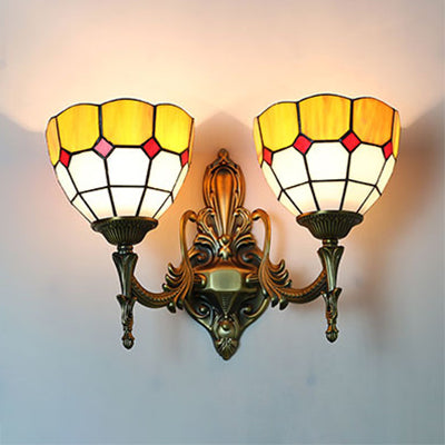 2 Heads Bowl Sconce Lighting Stained Glass Tiffany Bedroom Wall Mount Light in Yellow/Blue Yellow Clearhalo 'Cast Iron' 'Glass' 'Industrial' 'Middle century wall lights' 'Modern' 'Tiffany wall lights' 'Tiffany' 'Traditional wall lights' 'Wall Lamps & Sconces' 'Wall Lights' Lighting' 24040