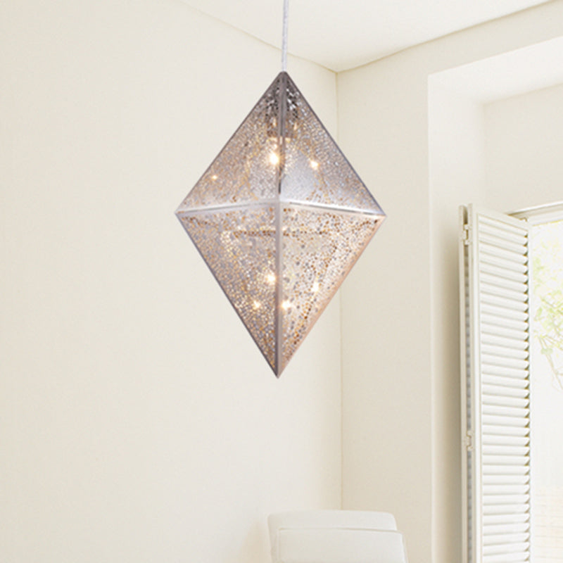1 Bulb Pendant Lighting with Diamond Metal Shade Post-Modern Chrome Hanging Ceiling Light, 10"/14"W Chrome 14" Clearhalo 'Ceiling Lights' 'Modern Pendants' 'Modern' 'Pendant Lights' 'Pendants' Lighting' 240454